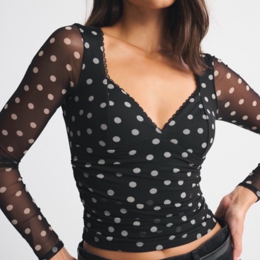 Abercrombie & Fitch Black Polka Dot Sheer Sleeve V-Neck Top